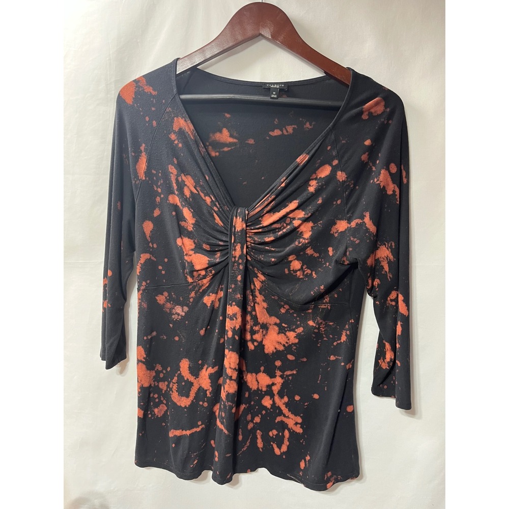 Talbots Womens Black Orange Bleach Wash Knot Front V-Neck 3/4 Sleeve Top Size M